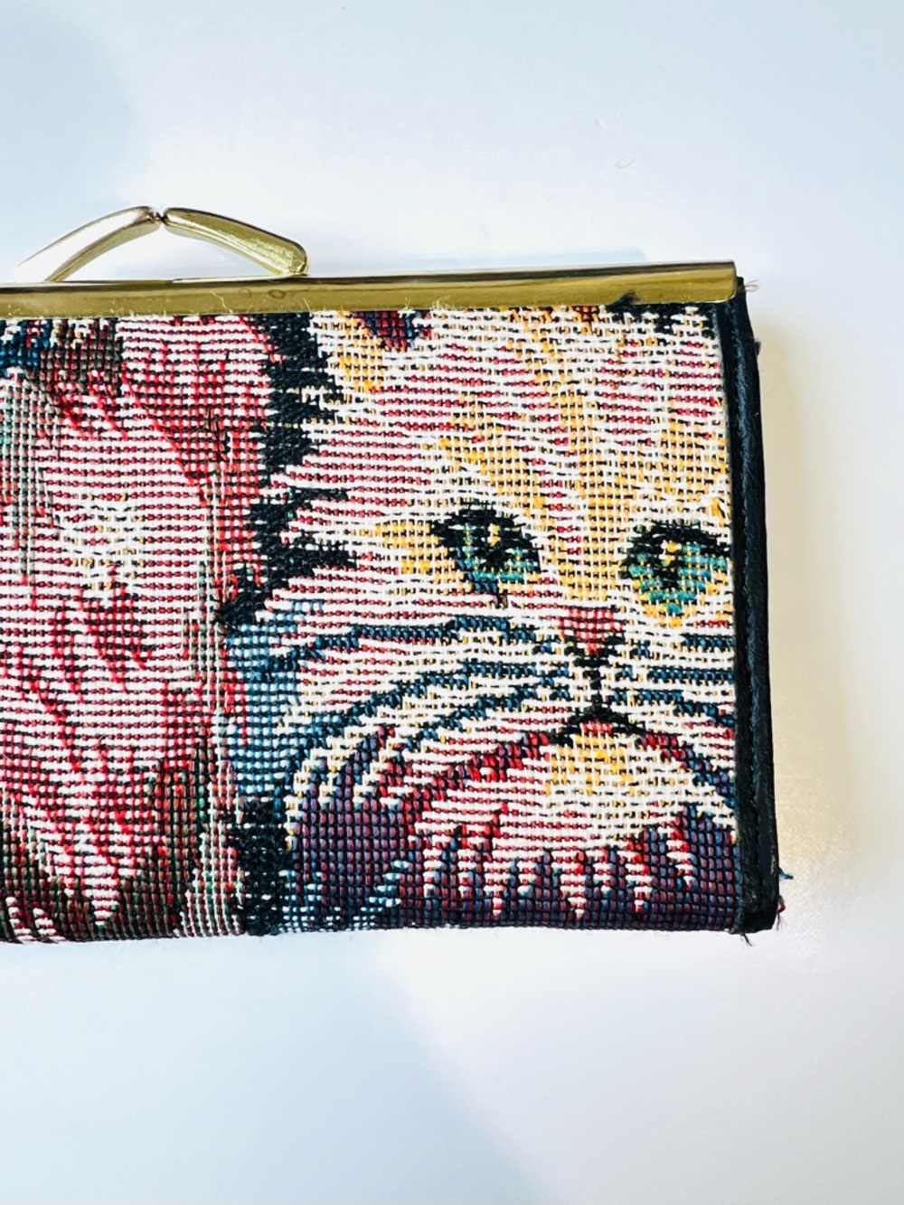 Vintage Floral Cat Tapestry Wallet 90’s Boho Chic Gold Tone Kiss Lock Clutch - Picture 7 of 13